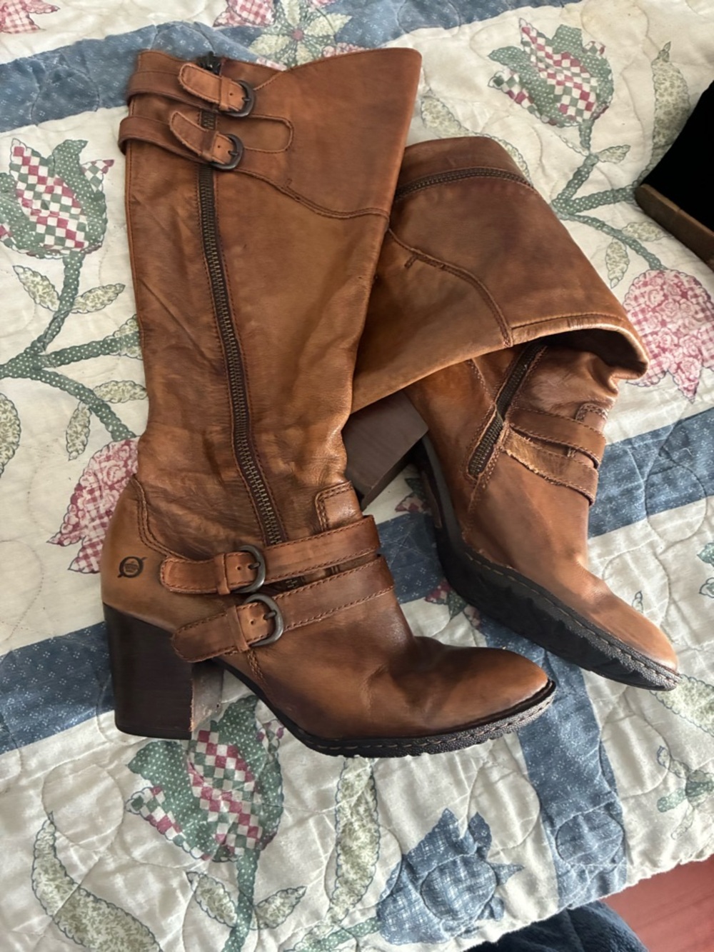 Women's Brown Leather Mid-Calf Buckle Heeled Boots